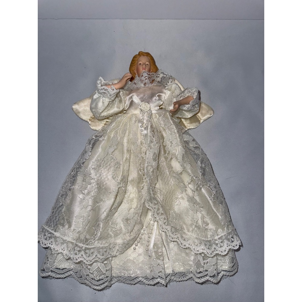 Vintage Porcelain Angel Christmas Tree Topper Ivory Lace Satin Gown 12 Inch